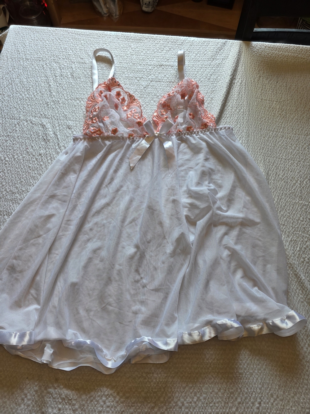 White Sheer Chemise with Coral Pink Lace Cups 1x